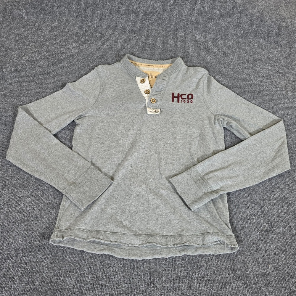 Y2K 2000s Hollister Mens Gray Long Sleeve Henley Shirt Size M Logo Embroidered